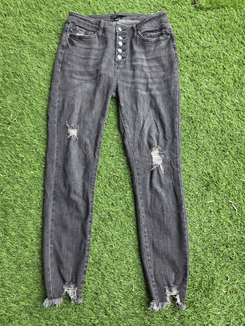 Judy Blue Black Distressed Skinny Jeans Women Sz 9/29 High Rise Raw Hem Stretch